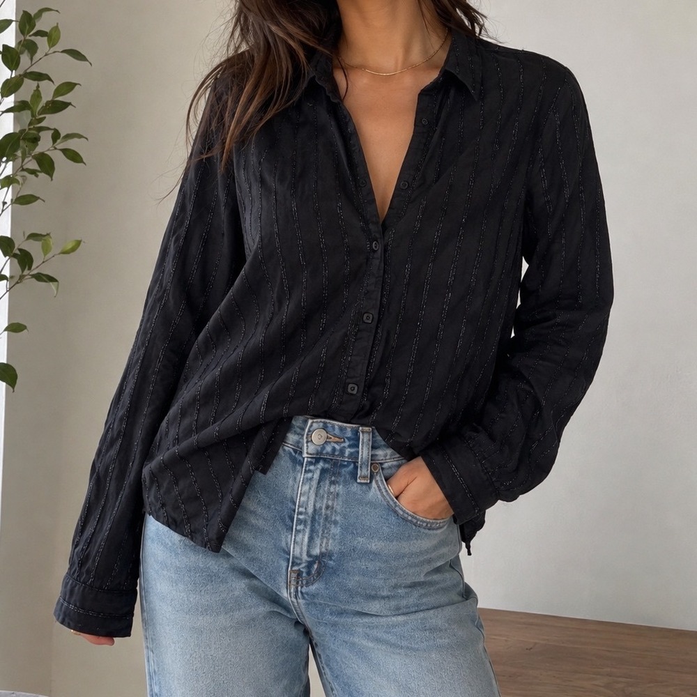 Johnny Cotton Black Metallic Pinstripe Button Down Shirt Blouse Goth Indie mm